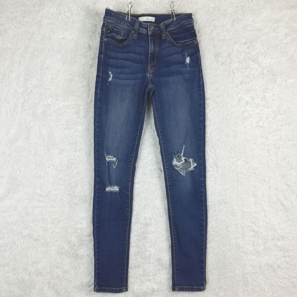 Kancan Womens Jeans Skinny Mid Rise Denim Blue Ripped Whiskering Medium Wash 5